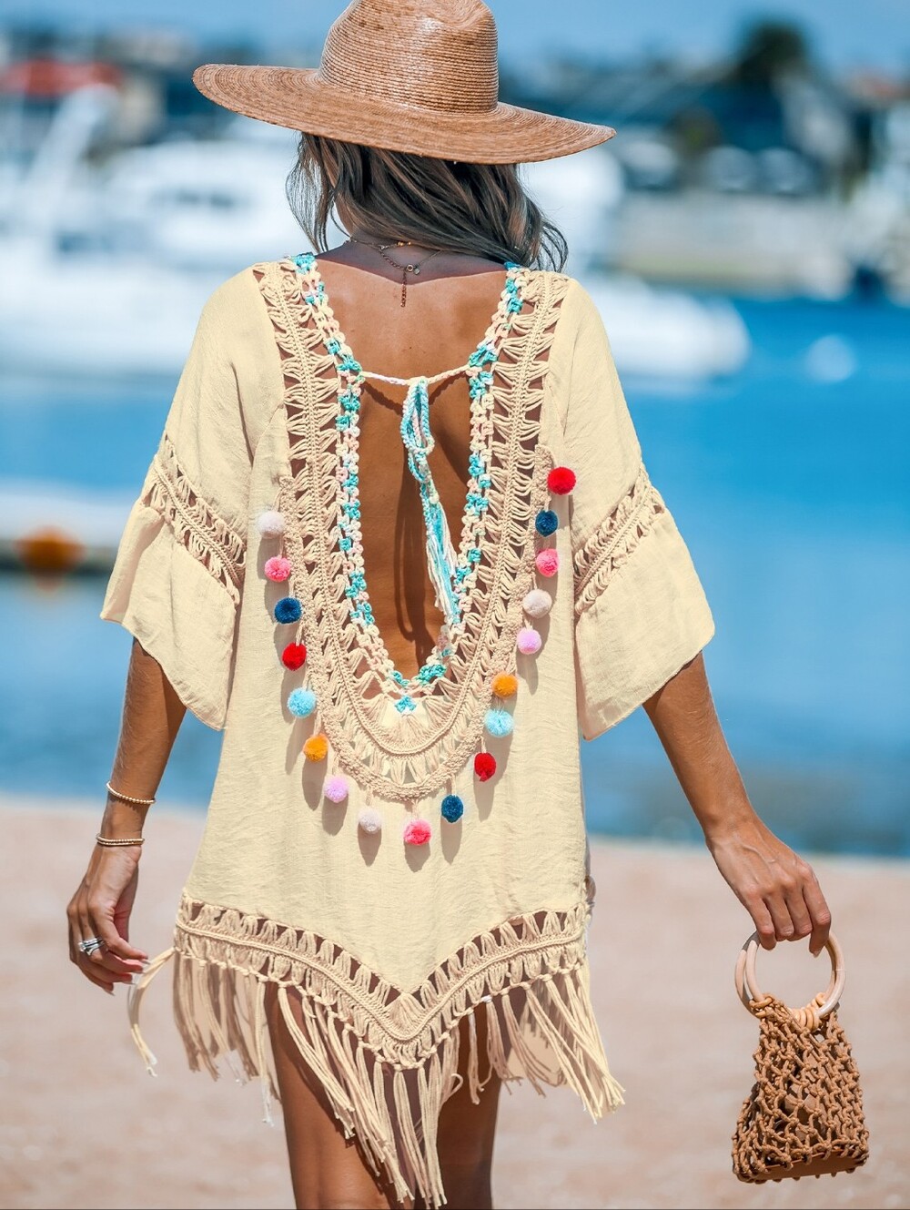 Women’s Cream Crochet Pom-Pom Beach Cover-Up